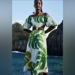 Farm Rio White Monstera Knot Midi Dress size M